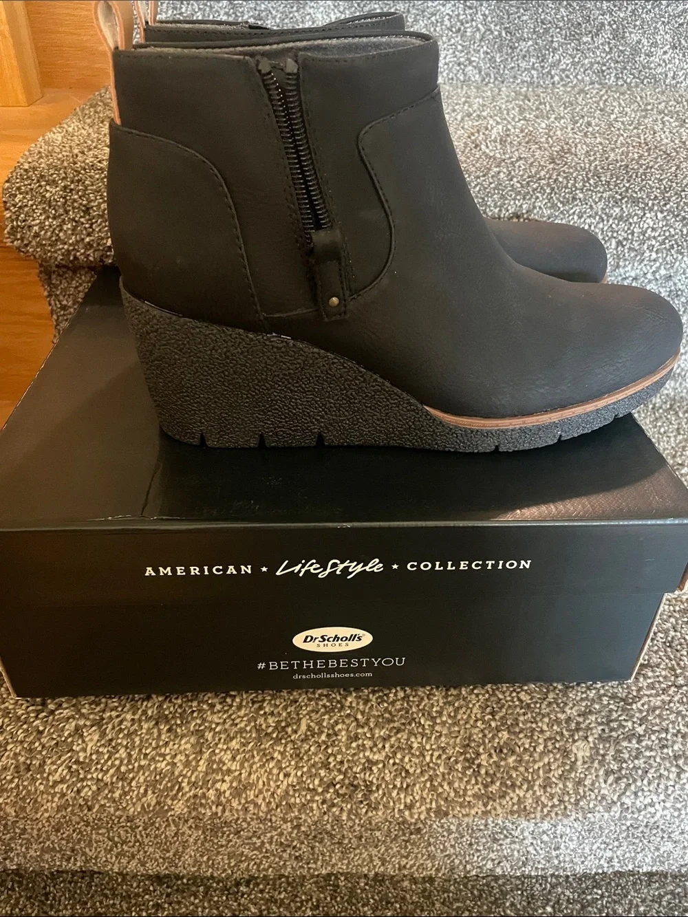 Dr. Scholl's Black Wedge Ankle Booties with Tan Pull Tabs